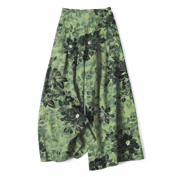 Buddha Stones Damenhose aus Baumwoll-Leinen-Mischgewebe mit Blumenmuster, elastischem Bund, weitem Bein und Taschen - Olivgrün - US16, UK/AU20, EU48 (3XL) - image 0