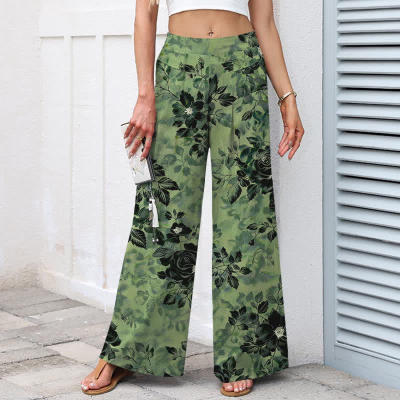 Buddha Stones Damenhose aus Baumwoll-Leinen-Mischgewebe mit Blumenmuster, elastischem Bund, weitem Bein und Taschen - image 1