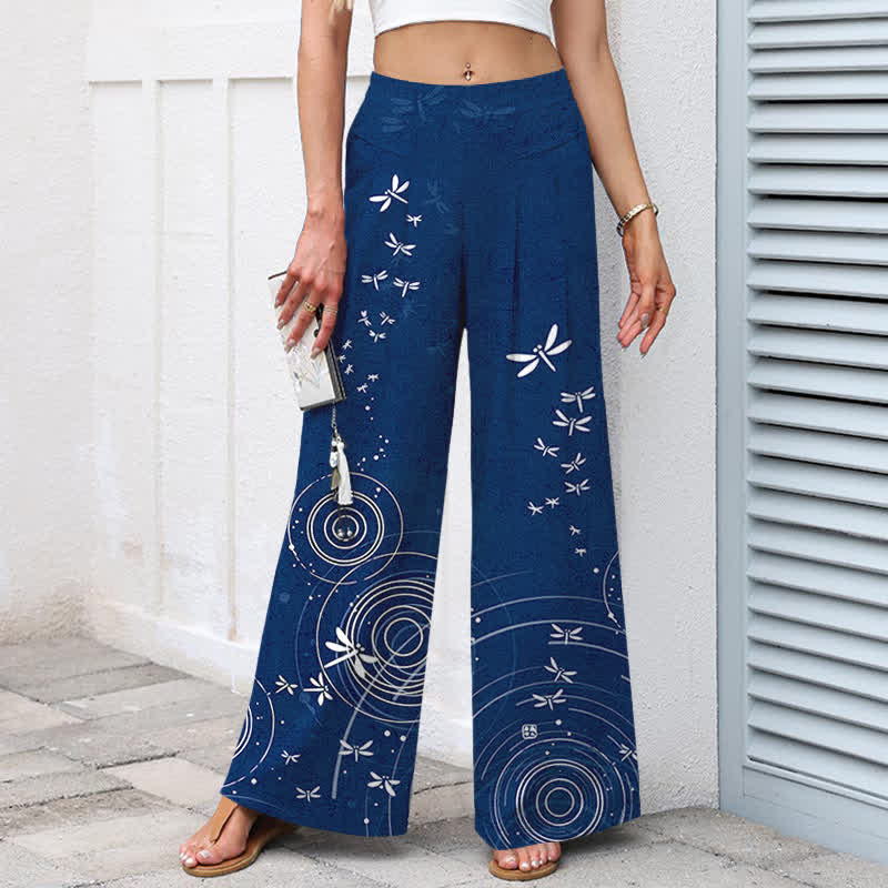 Buddha Stones Baumwoll-Leinen-Hose mit Libellenmuster, elastischem Bund, weitem Bein und Taschen - image 1