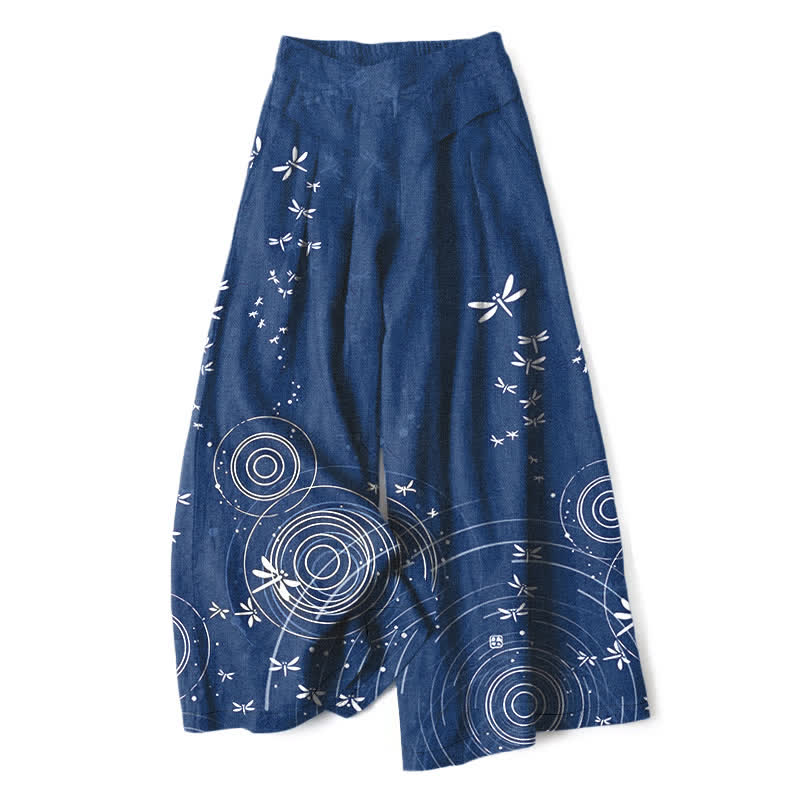 Buddha Stones Baumwoll-Leinen-Hose mit Libellenmuster, elastischem Bund, weitem Bein und Taschen - Marine - US16, UK/AU20, EU48 (3XL) - image 0