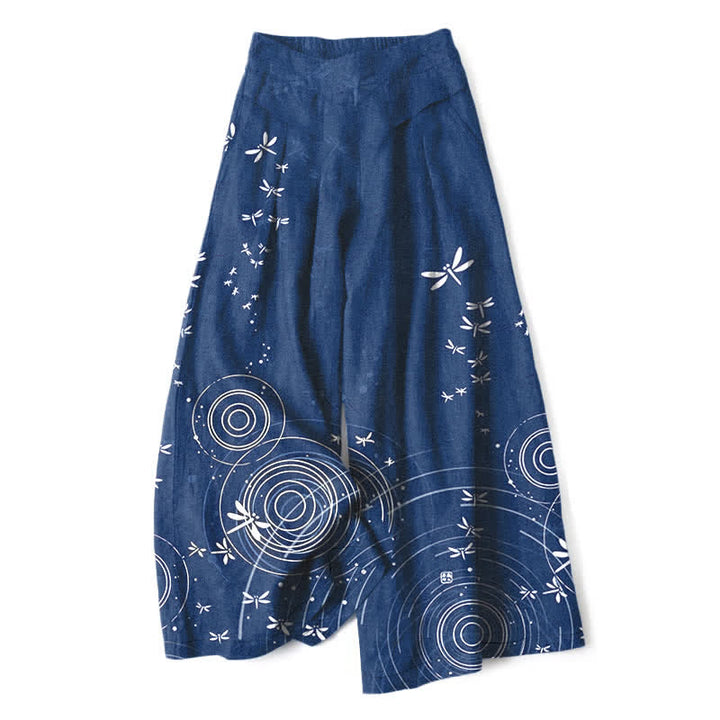 Buddha Stones Baumwoll-Leinen-Hose mit Libellenmuster, elastischem Bund, weitem Bein und Taschen - Marine - US16, UK/AU20, EU48 (3XL) - image 0
