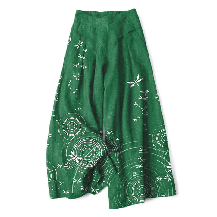 Buddha Stones Baumwoll-Leinen-Hose mit Libellenmuster, elastischem Bund, weitem Bein und Taschen - Waldgrün - US16, UK/AU20, EU48 (3XL) - image 4
