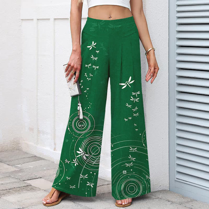 Buddha Stones Baumwoll-Leinen-Hose mit Libellenmuster, elastischem Bund, weitem Bein und Taschen - image 5