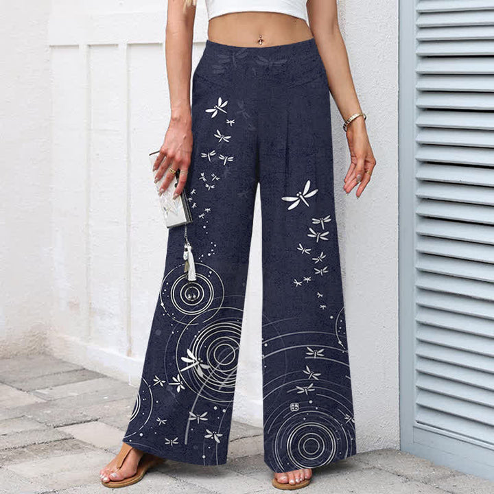 Buddha Stones Baumwoll-Leinen-Hose mit Libellenmuster, elastischem Bund, weitem Bein und Taschen - image 9