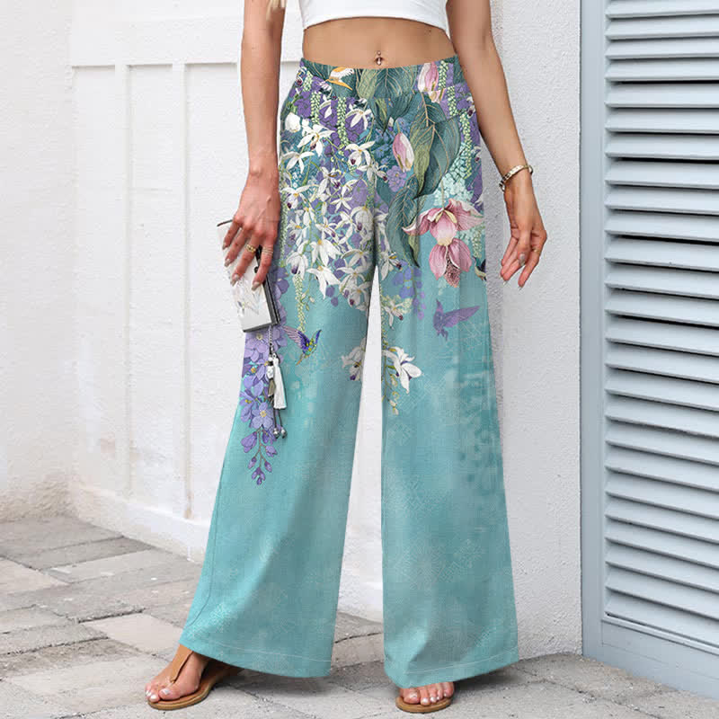 Buddha Stones Damenhose aus Baumwoll-Leinen-Mischgewebe mit floralem Boho-Muster, elastischem Bund, weitem Bein und Taschen - image 1