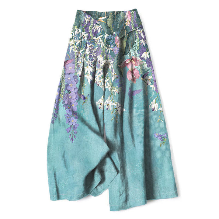 Buddha Stones Damenhose aus Baumwoll-Leinen-Mischgewebe mit floralem Boho-Muster, elastischem Bund, weitem Bein und Taschen - Türkis - US16, UK/AU20, EU48 (3XL) - image 0