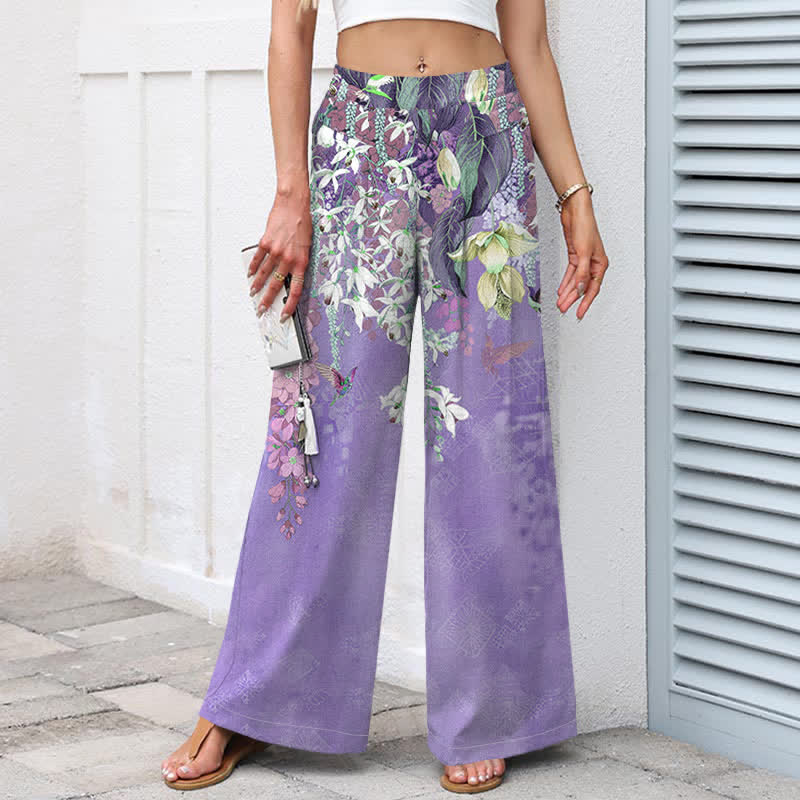 Buddha Stones Damenhose aus Baumwoll-Leinen-Mischgewebe mit floralem Boho-Muster, elastischem Bund, weitem Bein und Taschen - image 5