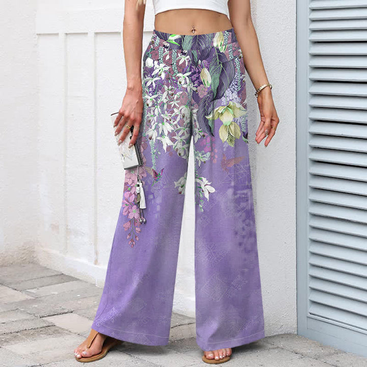Buddha Stones Damenhose aus Baumwoll-Leinen-Mischgewebe mit floralem Boho-Muster, elastischem Bund, weitem Bein und Taschen - image 5