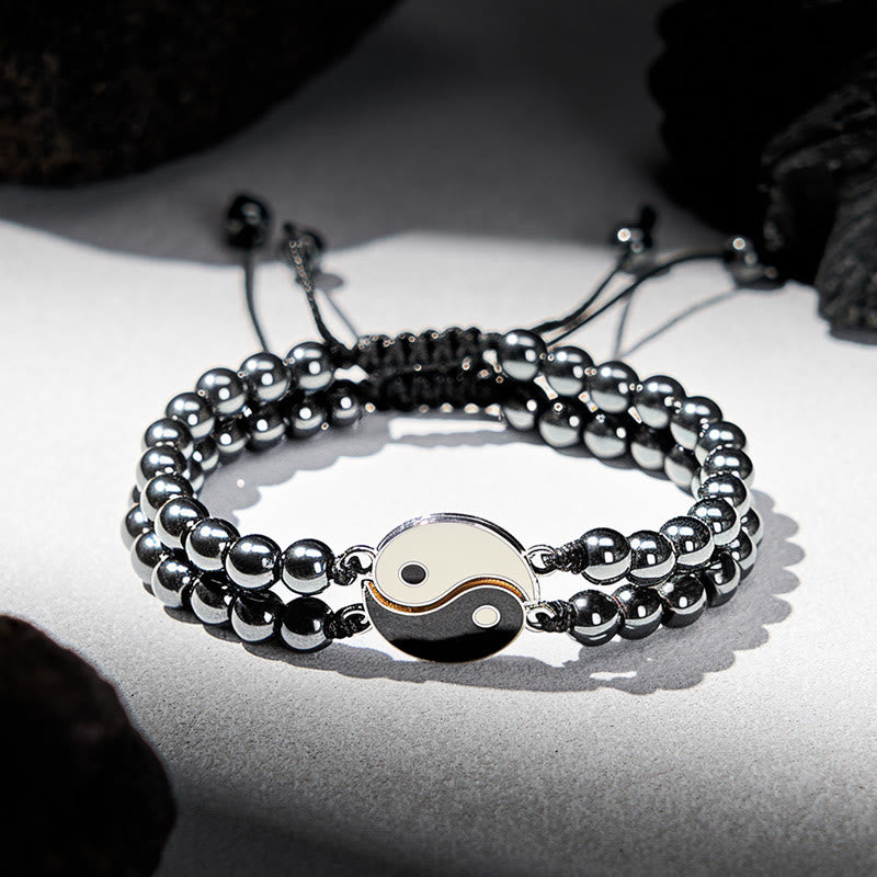Buddha Stones Yin Yang Hämatit-Armband aus mattiertem Lavagestein - Hämatit (Handgelenkumfang: 17-27 cm) - image 0