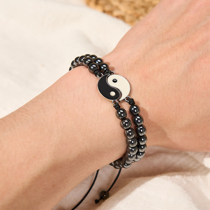 Buddha Stones Yin Yang Hämatit-Armband aus mattiertem Lavagestein - image 2