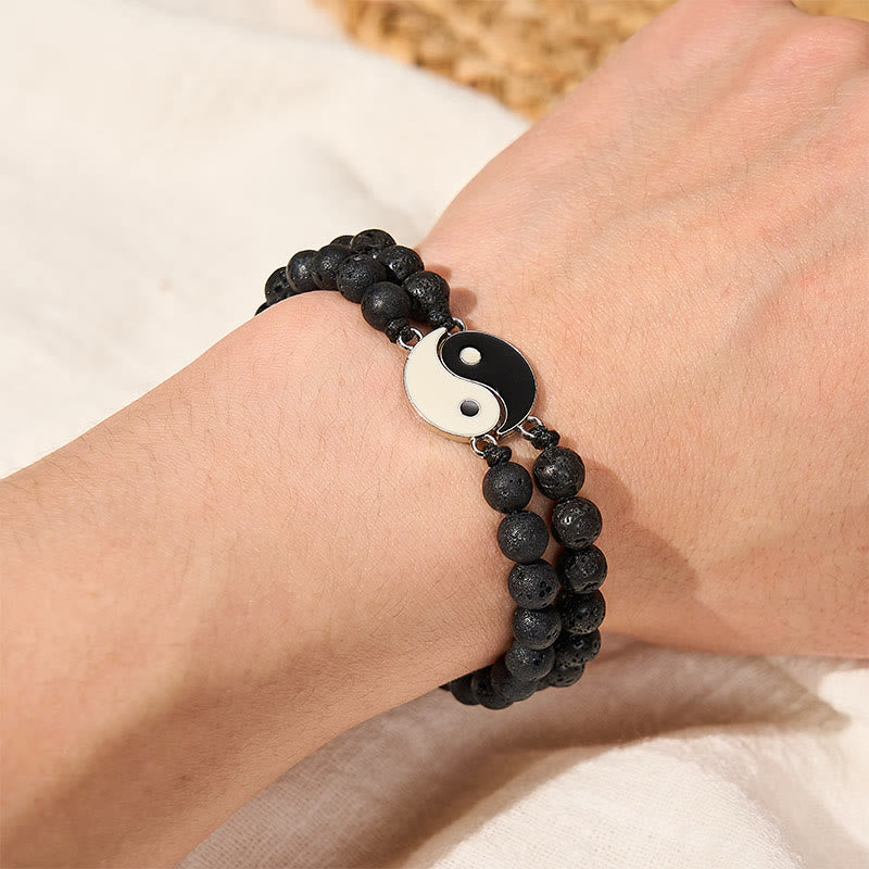 Buddha Stones Yin Yang Hämatit-Armband aus mattiertem Lavagestein - image 14