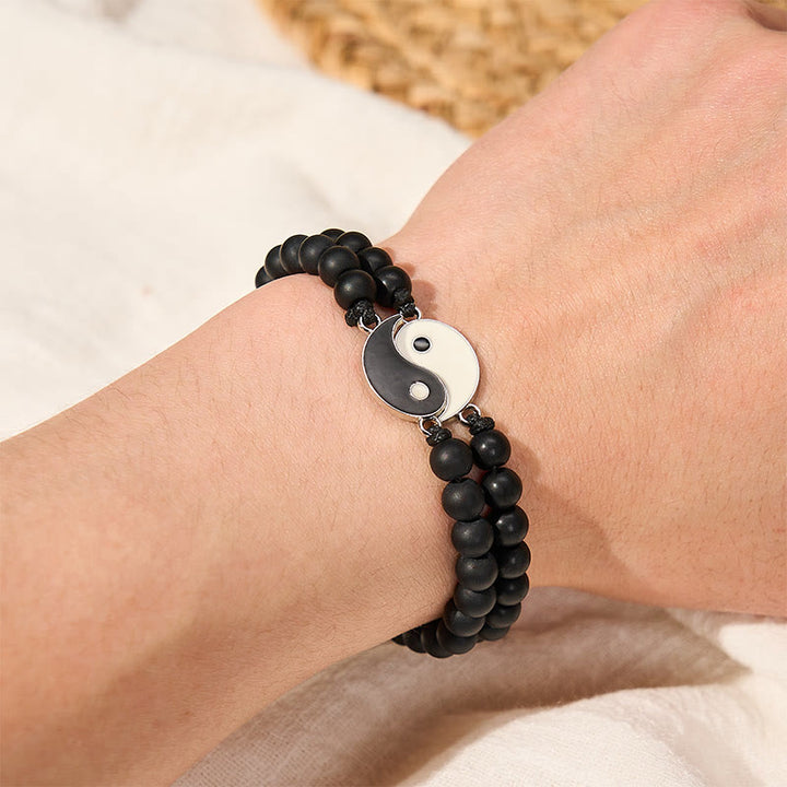 Buddha Stones Yin Yang Hämatit-Armband aus mattiertem Lavagestein - image 9