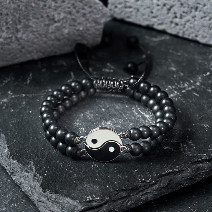Buddha Stones Yin Yang Hämatit-Armband aus mattiertem Lavagestein - image 8