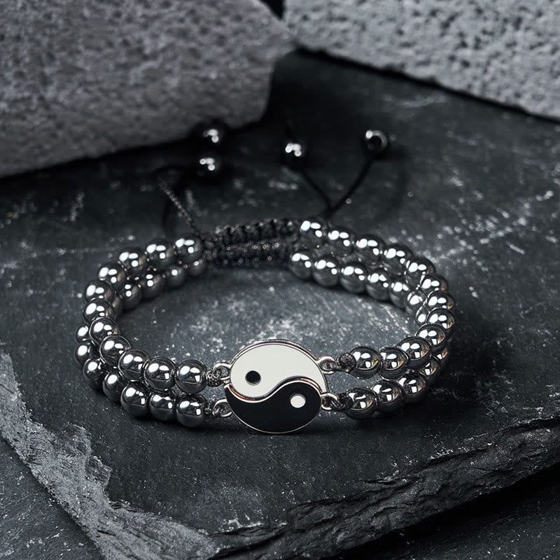 Buddha Stones Yin Yang Hämatit-Armband aus mattiertem Lavagestein - image 1