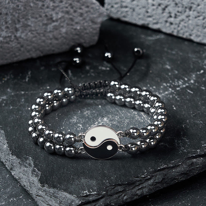 Buddha Stones Yin Yang Hämatit-Armband aus mattiertem Lavagestein - image 1