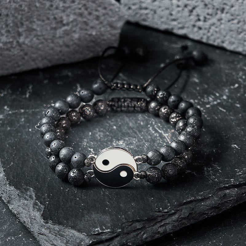 Buddha Stones Yin Yang Hämatit-Armband aus mattiertem Lavagestein - image 13