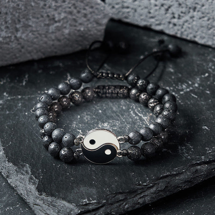 Buddha Stones Yin Yang Hämatit-Armband aus mattiertem Lavagestein - image 13