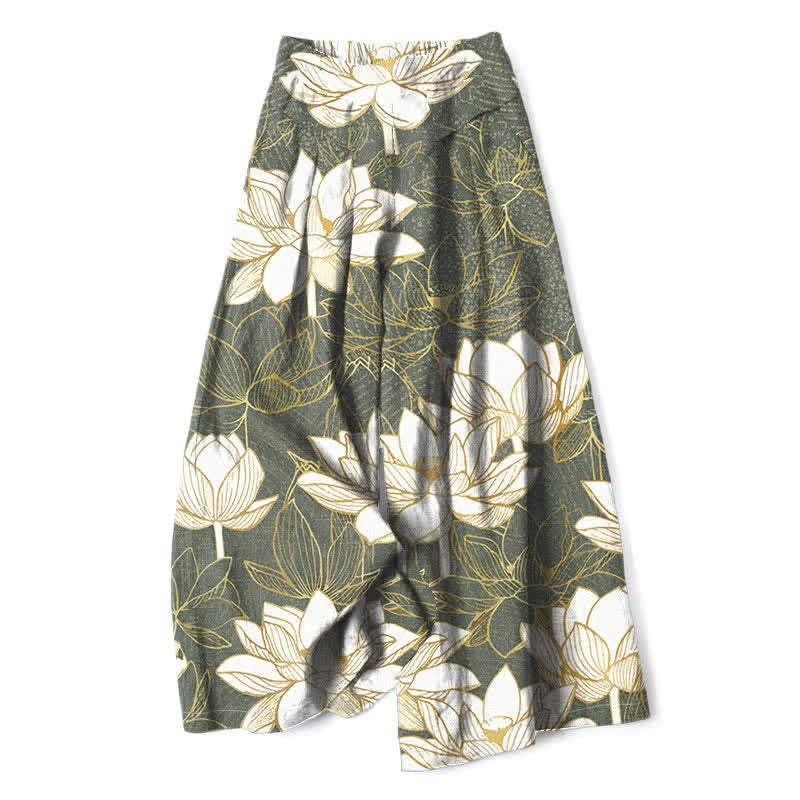 Buddha Stones Baumwoll-Leinen-Hose mit Lotusblütenmuster, elastischem Bund, weitem Bein und Taschen - Dunkelseegrün - US16, UK/AU20, EU48 (3XL) - image 0