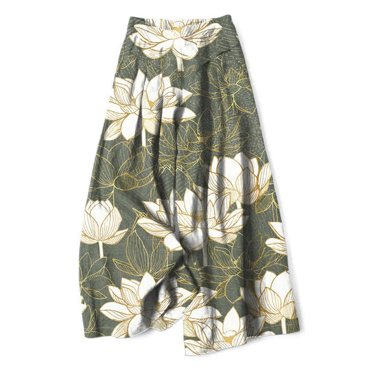 Buddha Stones Baumwoll-Leinen-Hose mit Lotusblütenmuster, elastischem Bund, weitem Bein und Taschen - Dunkelseegrün - US16, UK/AU20, EU48 (3XL) - image 0