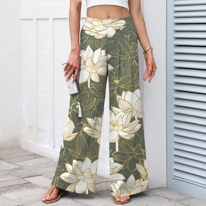 Buddha Stones Baumwoll-Leinen-Hose mit Lotusblütenmuster, elastischem Bund, weitem Bein und Taschen - image 1