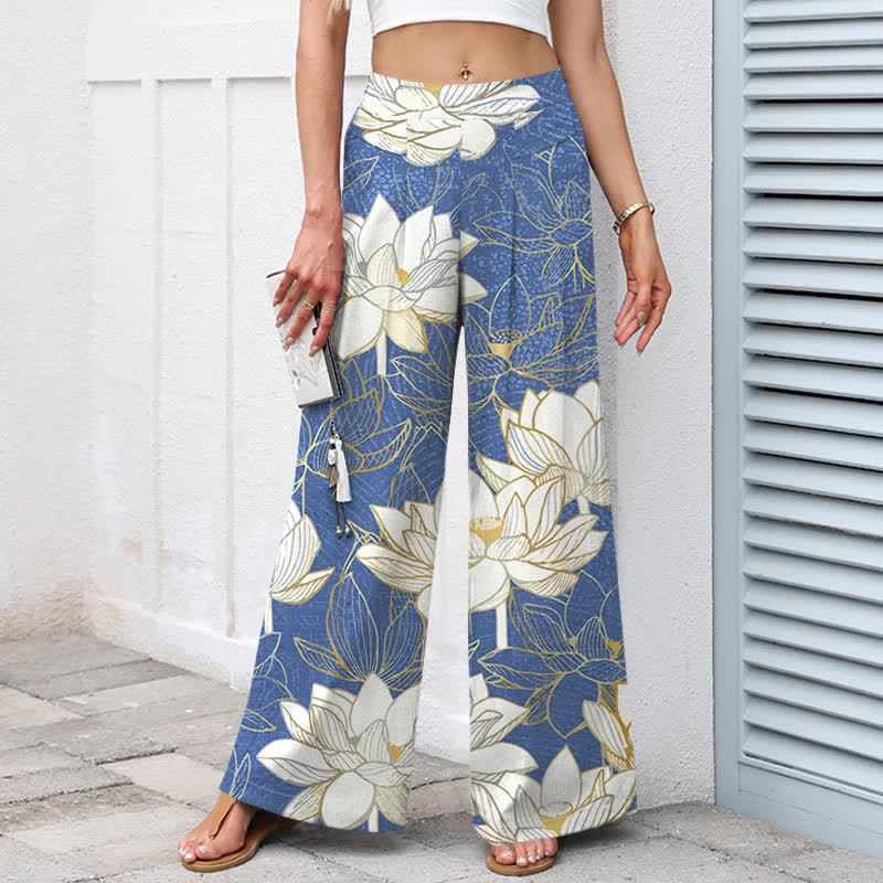 Buddha Stones Baumwoll-Leinen-Hose mit Lotusblütenmuster, elastischem Bund, weitem Bein und Taschen - image 5