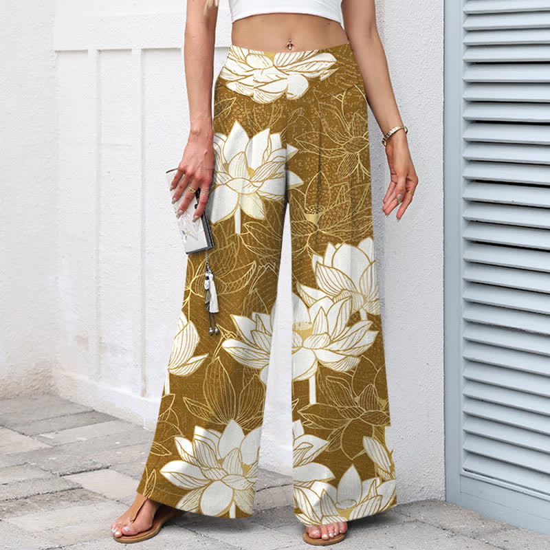 Buddha Stones Baumwoll-Leinen-Hose mit Lotusblütenmuster, elastischem Bund, weitem Bein und Taschen - image 9