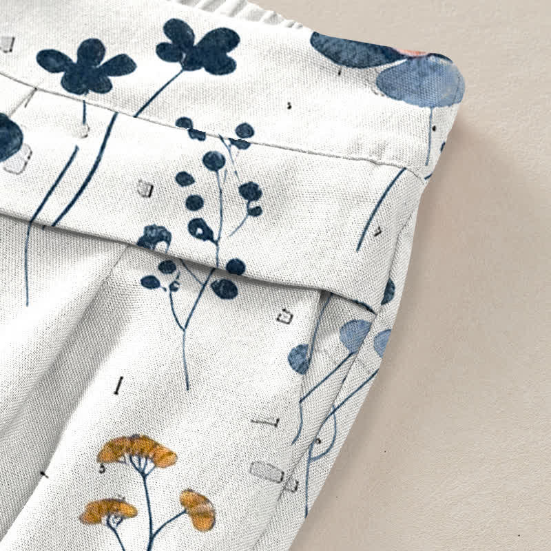 Buddha Stones Damenhose aus Baumwoll-Leinen-Mischgewebe mit Blumenmuster, elastischem Bund, weitem Bein und Taschen - image 1