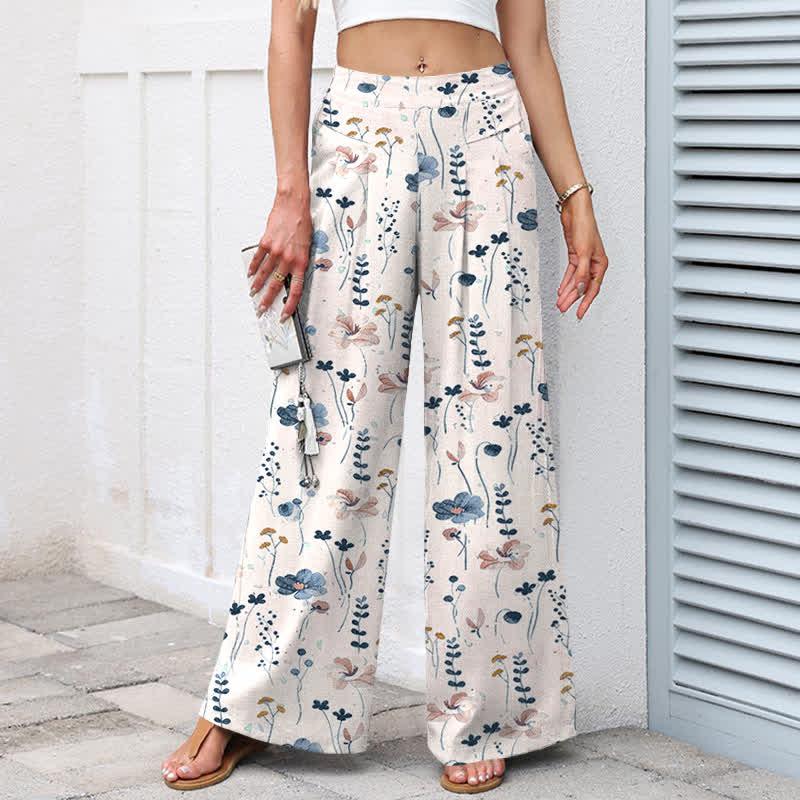 Buddha Stones Damenhose aus Baumwoll-Leinen-Mischgewebe mit Blumenmuster, elastischem Bund, weitem Bein und Taschen - image 5
