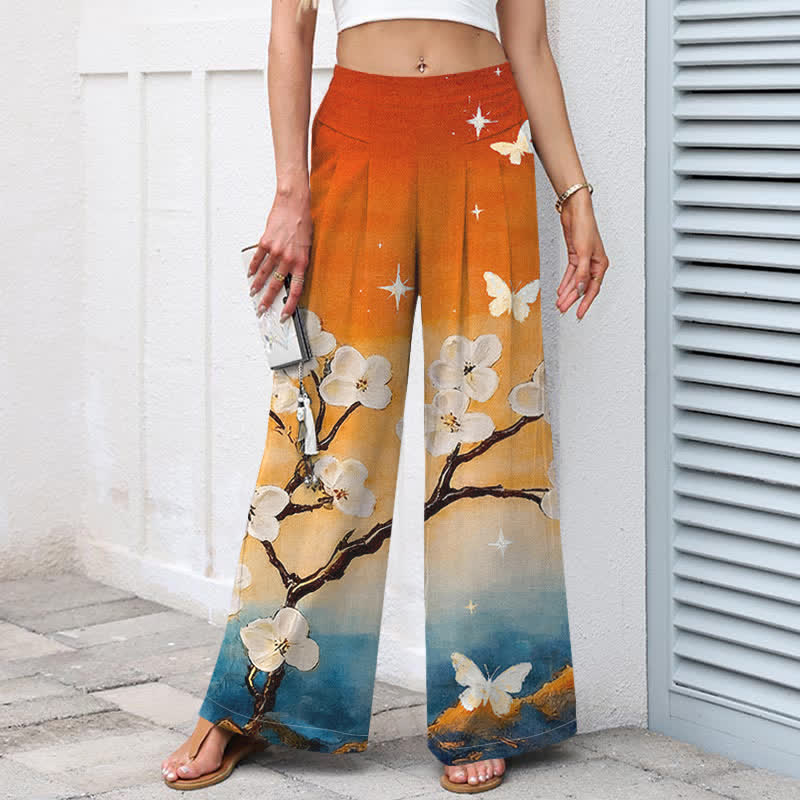 Buddha Stones Damenhose aus Baumwoll-Leinen-Mischgewebe mit Farbverlauf und Blumenmuster, elastischem Bund, weitem Bein und Taschen - image 1