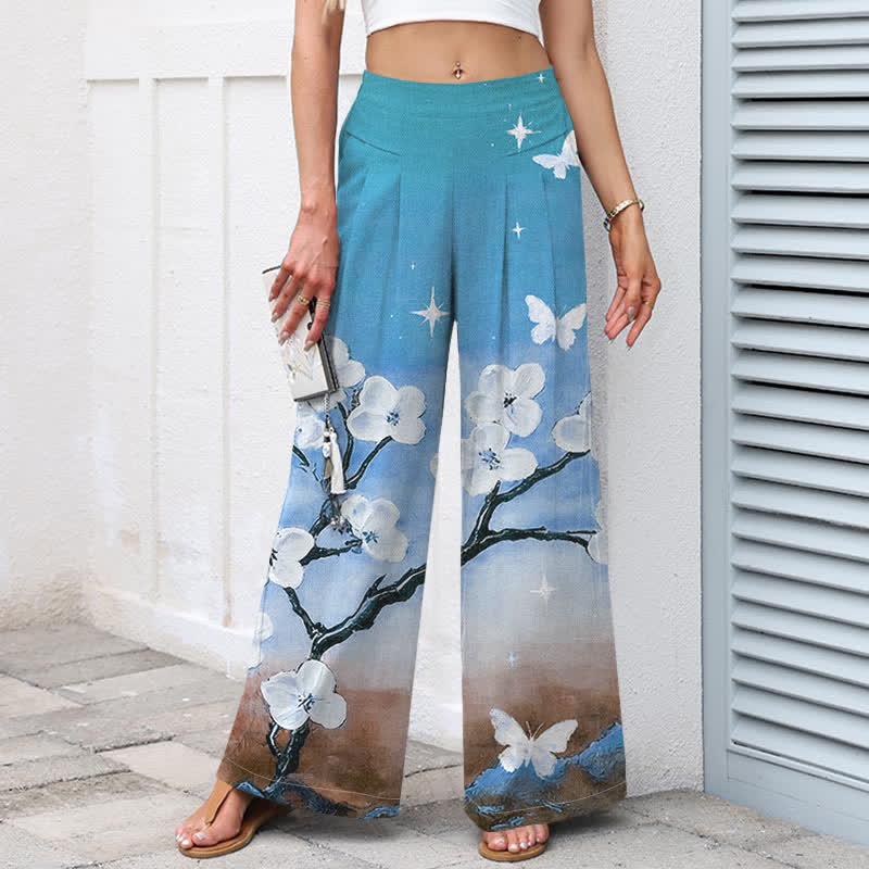 Buddha Stones Damenhose aus Baumwoll-Leinen-Mischgewebe mit Farbverlauf und Blumenmuster, elastischem Bund, weitem Bein und Taschen - image 5