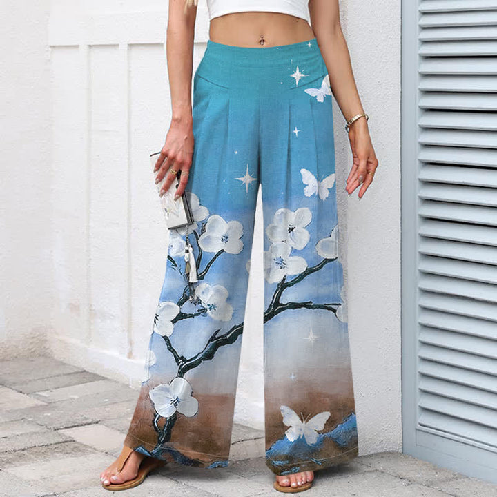 Buddha Stones Damenhose aus Baumwoll-Leinen-Mischgewebe mit Farbverlauf und Blumenmuster, elastischem Bund, weitem Bein und Taschen - image 5