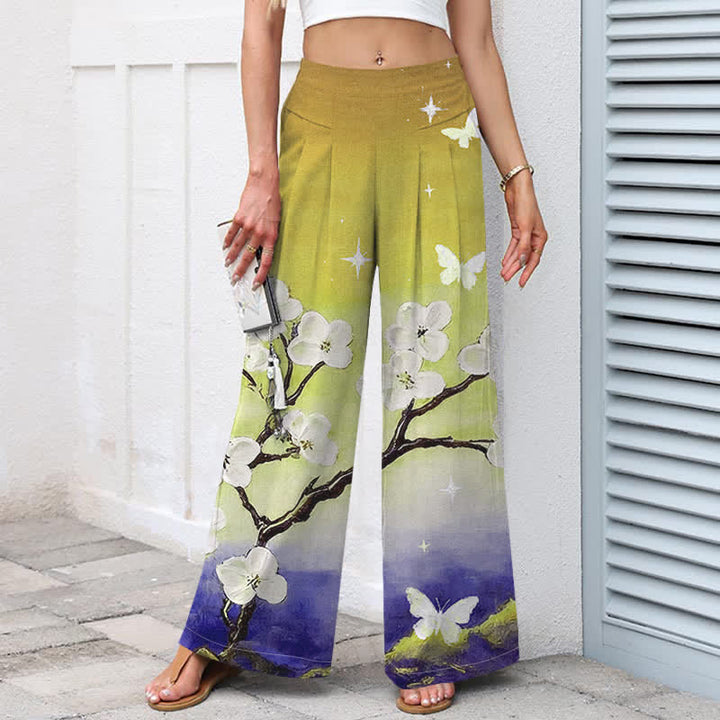 Buddha Stones Damenhose aus Baumwoll-Leinen-Mischgewebe mit Farbverlauf und Blumenmuster, elastischem Bund, weitem Bein und Taschen - image 9