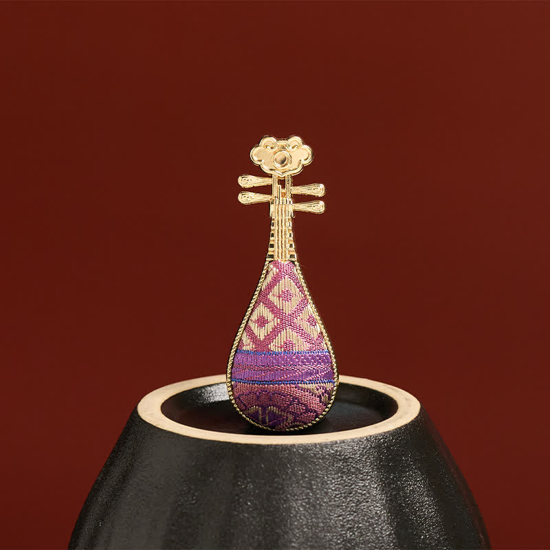 Buddha Stones Handgefertigte chinesische Brosche in Guqin-Form mit floralem Muster aus Song-Brokat. - image 4
