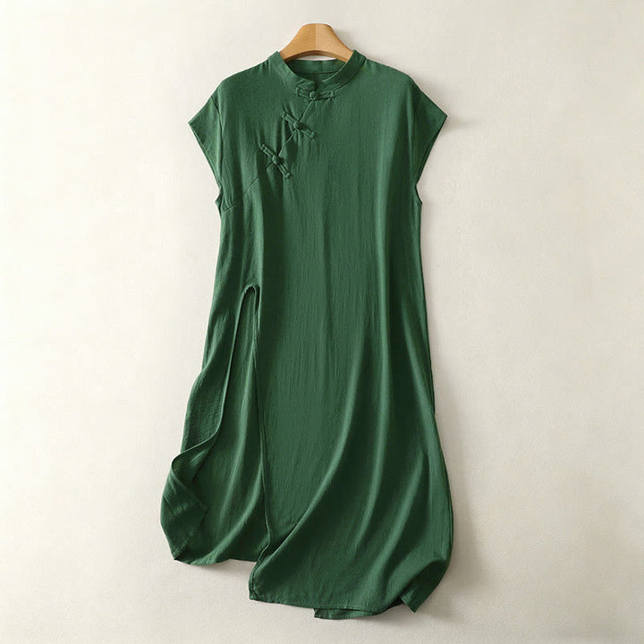 Buddha Stones Sommerkleid für Damen, einfarbig grün, mit Stehkragen, Seitenschlitz und ärmellos - SeaGreen - US12, UK/AU16, EU44 (2XL) - image 0