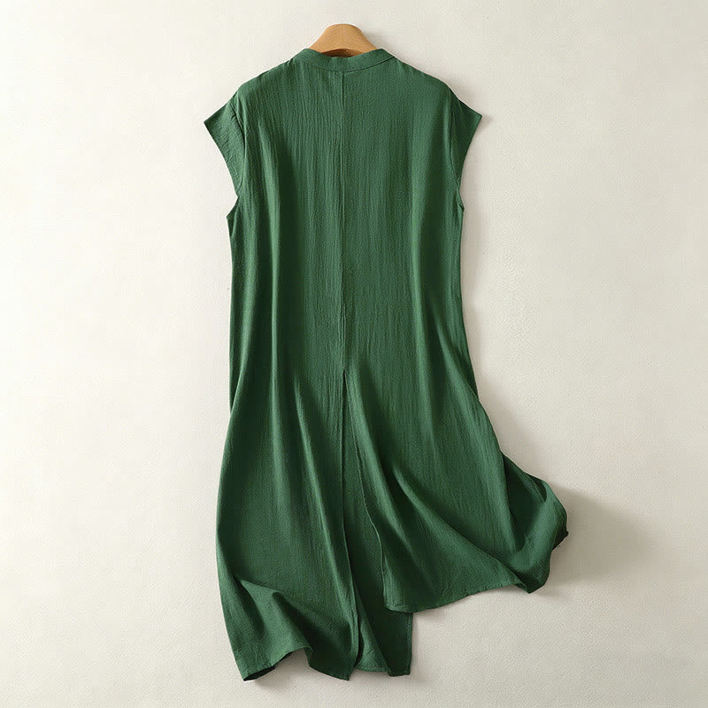 Buddha Stones Sommerkleid für Damen, einfarbig grün, mit Stehkragen, Seitenschlitz und ärmellos - image 1