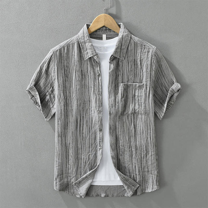Buddha Stones Lässiges, minimalistisches Kurzarmhemd für Herren mit Knopfleiste, Streifenmuster und Ziertasche - Silber - US/ UK/AU42, EU52 (3XL) - image 0