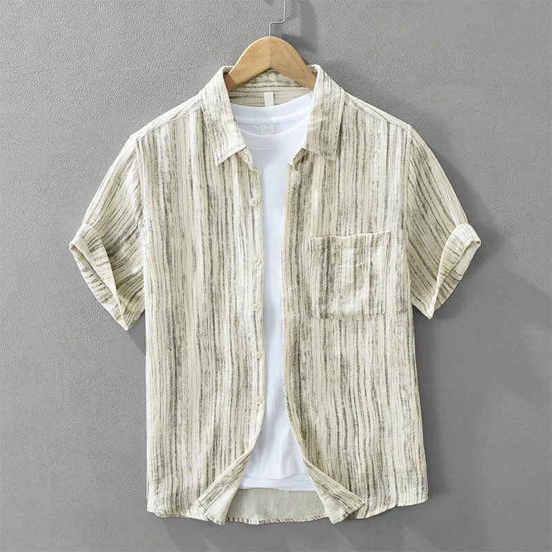 Buddha Stones Lässiges, minimalistisches Kurzarmhemd für Herren mit Knopfleiste, Streifenmuster und Ziertasche - Weizen - US/ UK/AU42, EU52 (3XL) - image 1