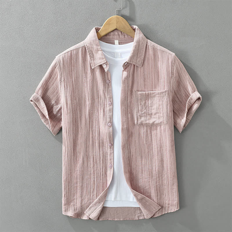 Buddha Stones Lässiges, minimalistisches Kurzarmhemd für Herren mit Knopfleiste, Streifenmuster und Ziertasche - RosyBrown - US/ UK/AU42, EU52 (3XL) - image 13