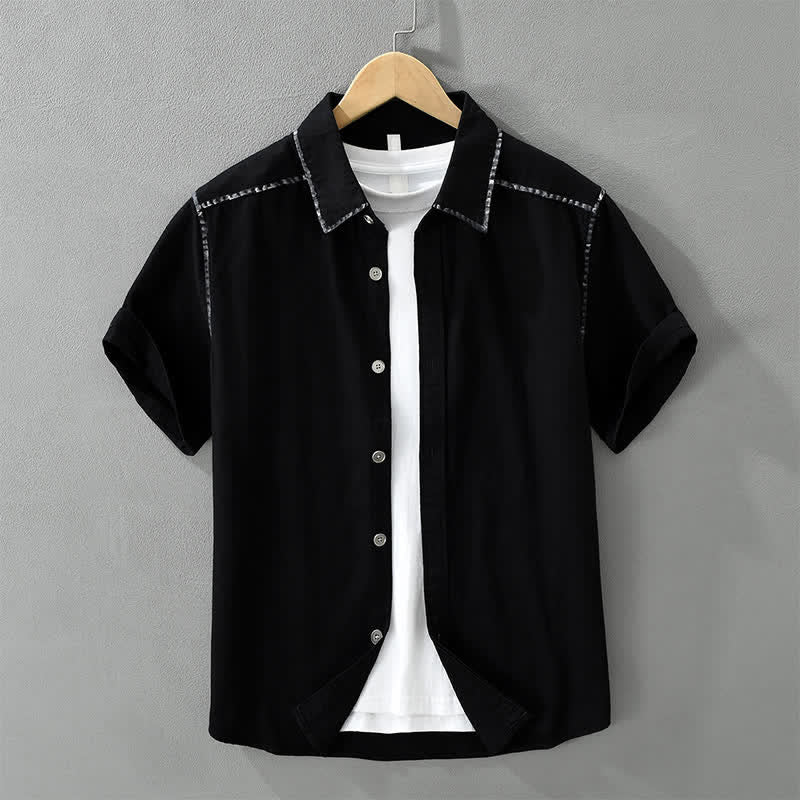 Buddha Stones Lässiges Sommerhemd im Vintage-Stil mit Knopfleiste, einfarbig, Kurzarm, Herren - Schwarz - US/ UK/AU42, EU52 (3XL) - image 11