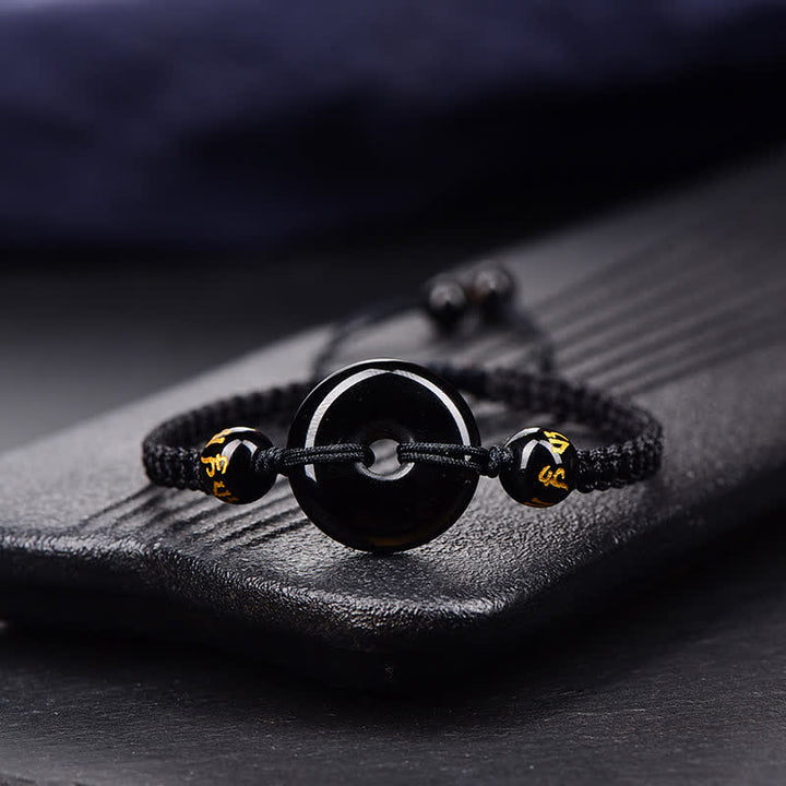 Buddha Stones Schwarzes Obsidian-Friedensarmband mit Schnalle, geflochten - Schwarzes Kabel - Schwarzer Obsidian (Reinigung♥Stärke) - image 1