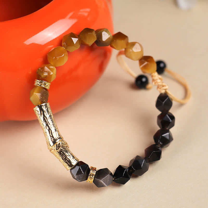Buddha Stones Armband aus Tigerauge, silberglänzendem Obsidian und Bambus, facettiert - image 7