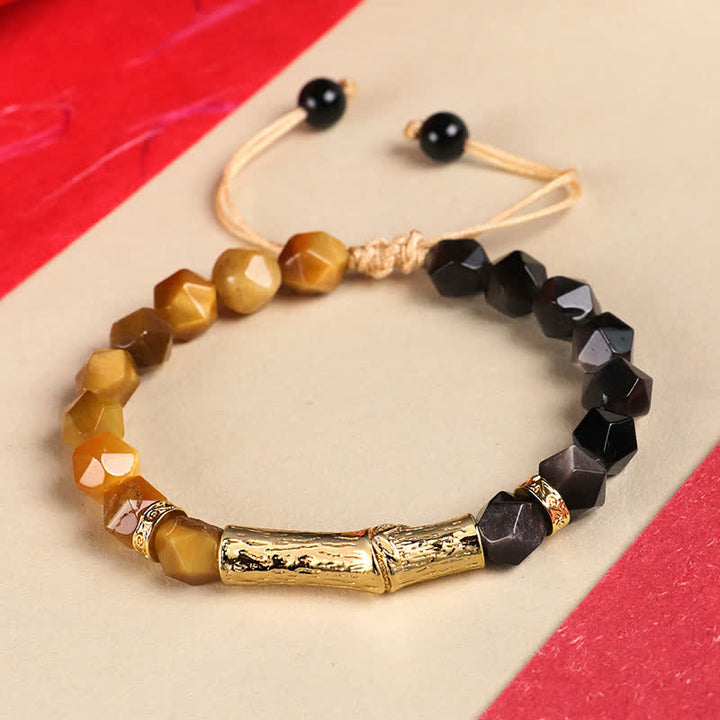 Buddha Stones Armband aus Tigerauge, silberglänzendem Obsidian und Bambus, facettiert - Silberschimmernder Obsidian & Goldenes Tigerauge - Tigerauge (Schutz♥Stärke) - image 2