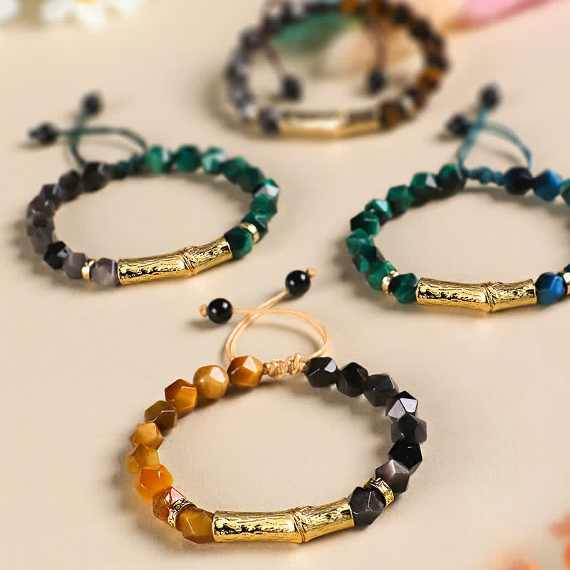 Buddha Stones Armband aus Tigerauge, silberglänzendem Obsidian und Bambus, facettiert - image 13
