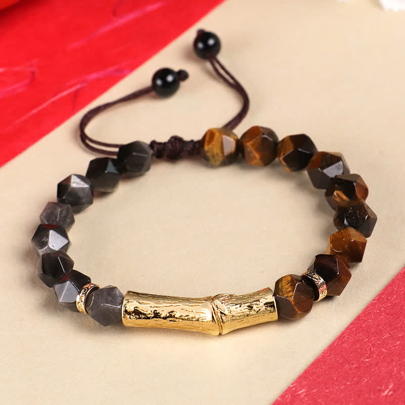 Buddha Stones Armband aus Tigerauge, silberglänzendem Obsidian und Bambus, facettiert - Silberschimmernder Obsidian & Gelbes Tigerauge - Tigerauge (Schutz♥Stärke) - image 0