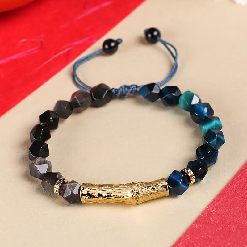 Buddha Stones Armband aus Tigerauge, silberglänzendem Obsidian und Bambus, facettiert - Silberschimmernder Obsidian & Blaues Tigerauge - Tigerauge (Schutz♥Stärke) - image 1