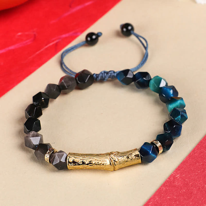 Buddha Stones Armband aus Tigerauge, silberglänzendem Obsidian und Bambus, facettiert - Silberschimmernder Obsidian & Blaues Tigerauge - Tigerauge (Schutz♥Stärke) - image 1