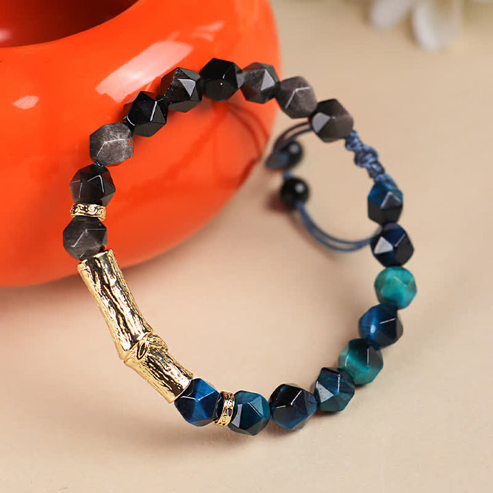 Buddha Stones Armband aus Tigerauge, silberglänzendem Obsidian und Bambus, facettiert - image 8