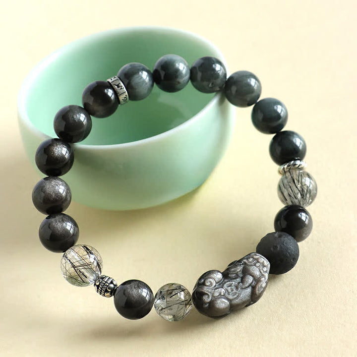 Buddha Stones Handgeschnitztes Partnerarmband aus Erdbeerquarz und silberglänzendem Obsidian mit Pixiu-Liebesmotiv - image 2