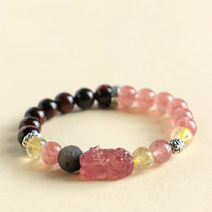 Buddha Stones Handgeschnitztes Partnerarmband aus Erdbeerquarz und silberglänzendem Obsidian mit Pixiu-Liebesmotiv - image 3