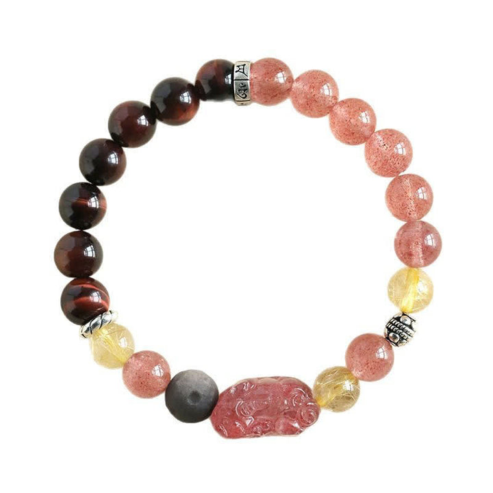 Buddha Stones Handgeschnitztes Partnerarmband aus Erdbeerquarz und silberglänzendem Obsidian mit Pixiu-Liebesmotiv - image 9